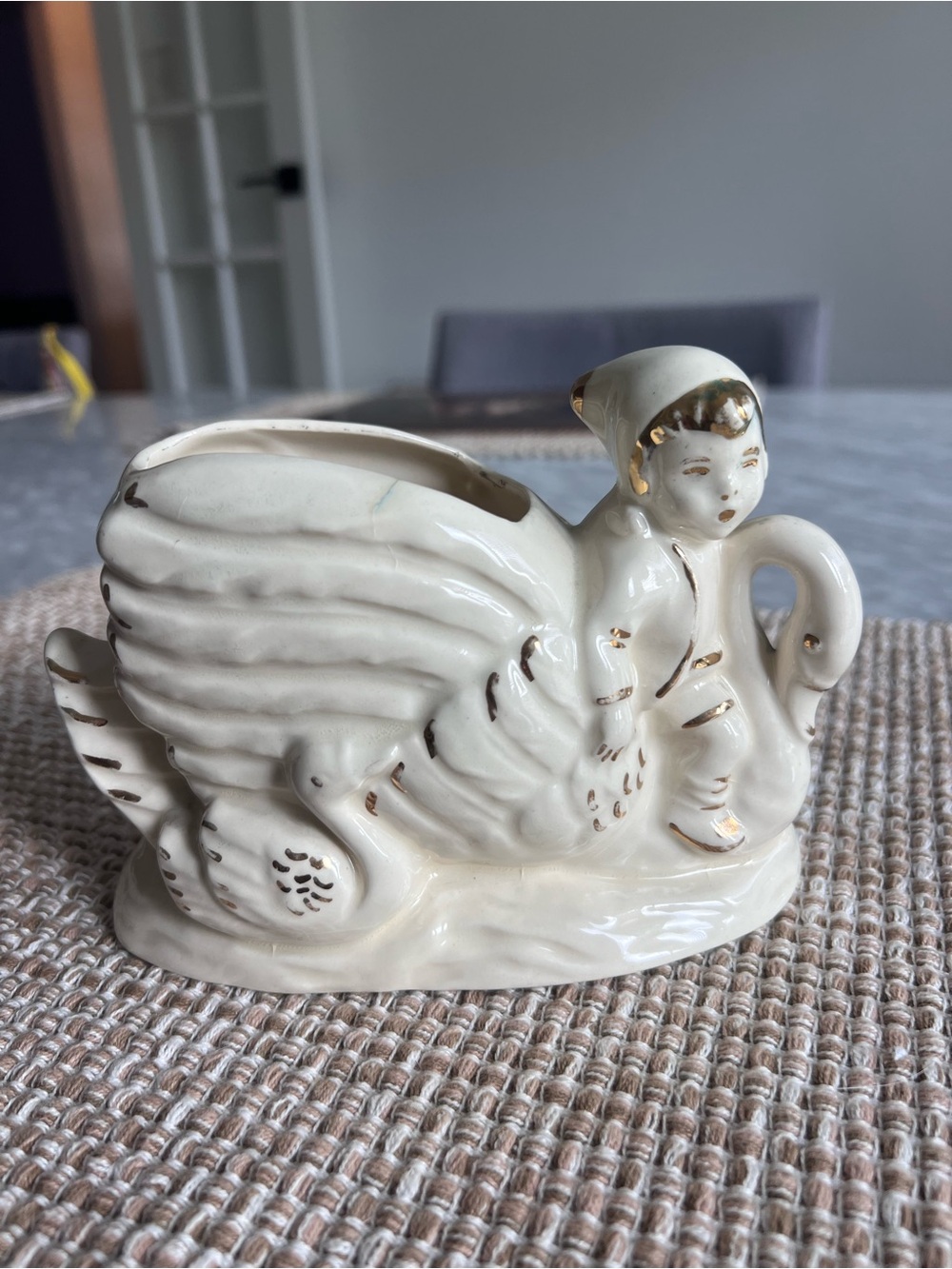 Vintage Porcelain Cream Swan Planter with Child Accent